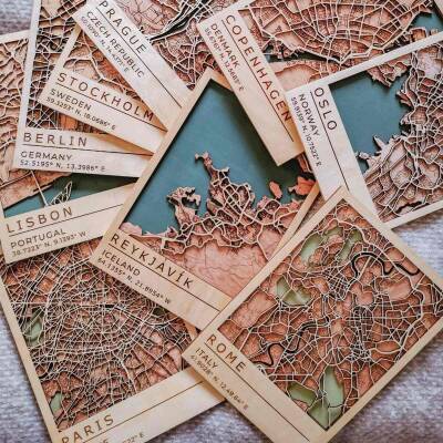 Wooden City Map with Memory Coordinates - 