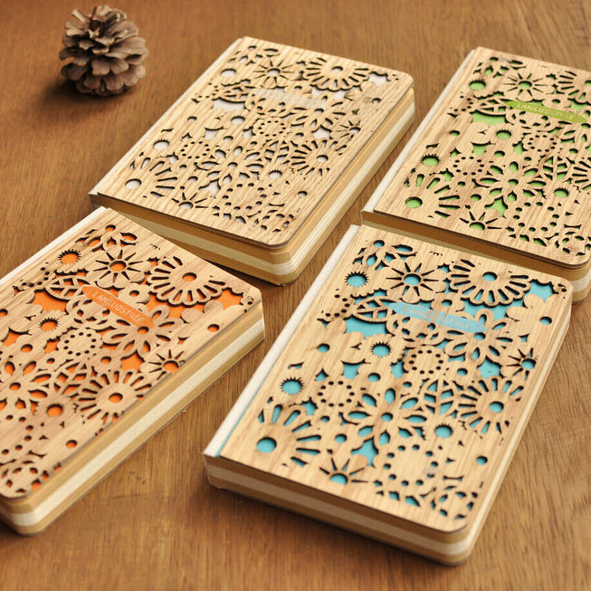 Wooden Floral Pattern Engraved Notebook - 1